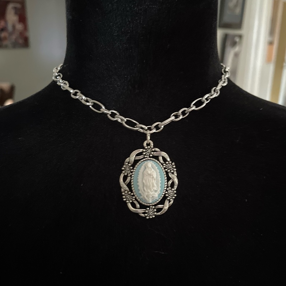 Vintage Style Guadalupe Cameo Necklace/ Embossed Stainless Chain